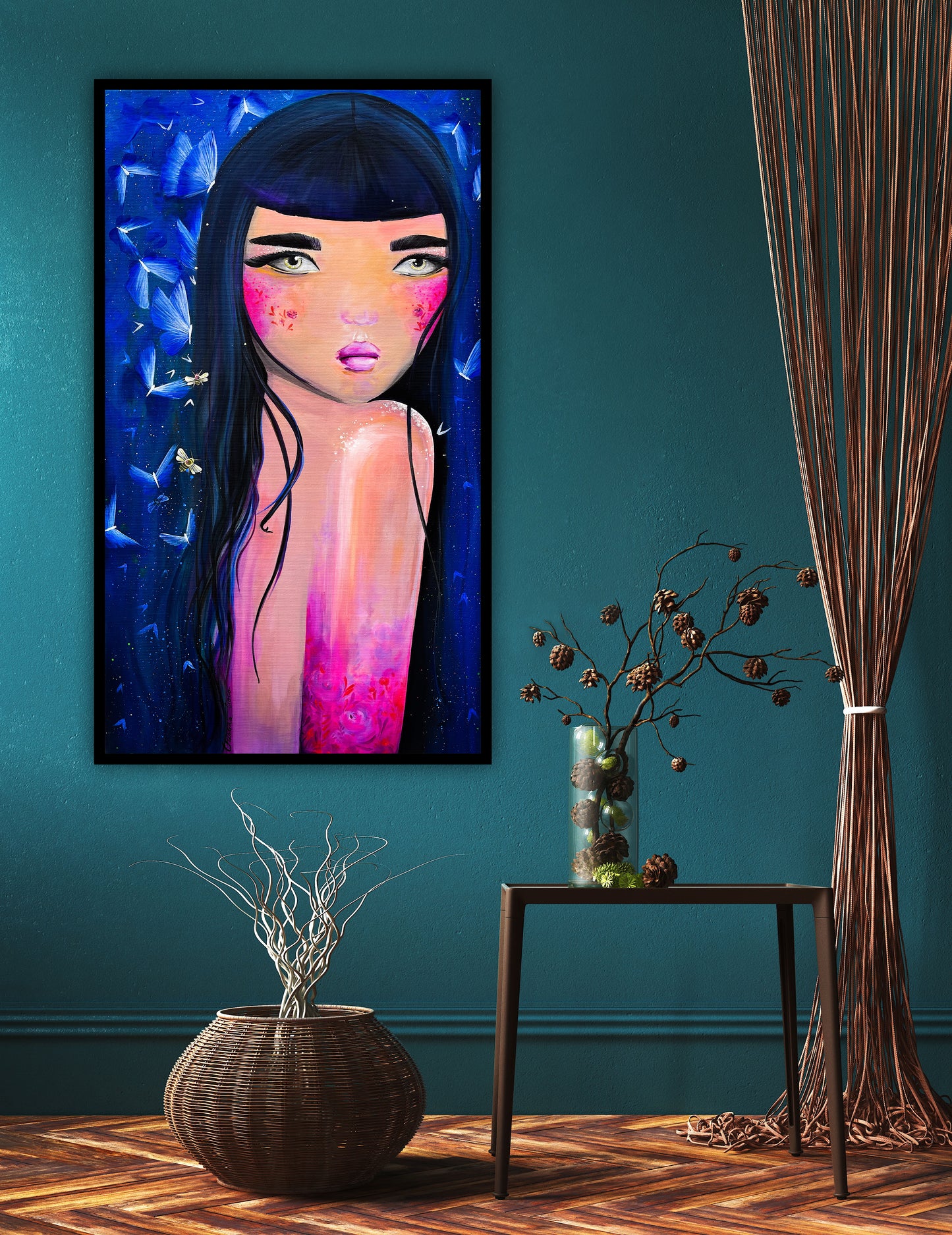 Aija printre fluturi – print premium pe hartie, arta contemporana inspirata din natura.
