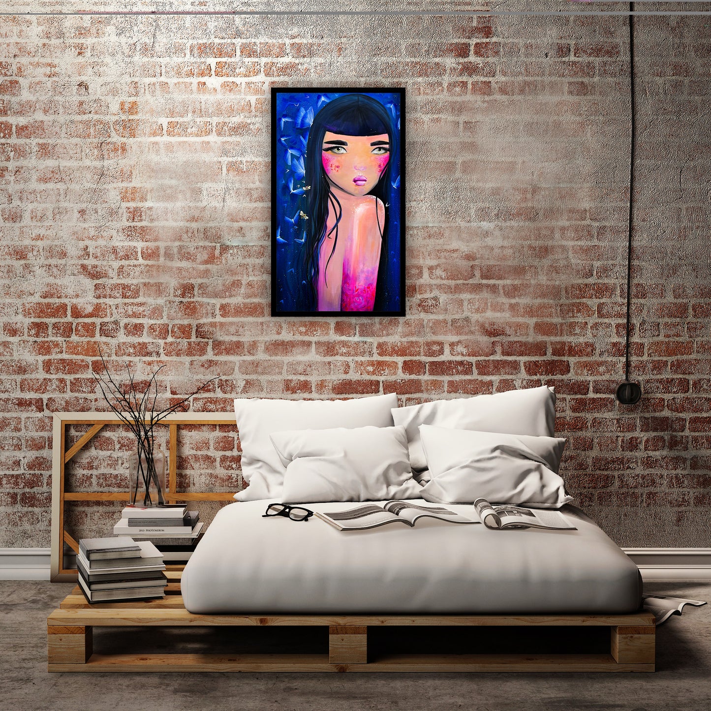 Lucrare decorativa Aija printre fluturi – print pe hartie de calitate, arta contemporana abstracta