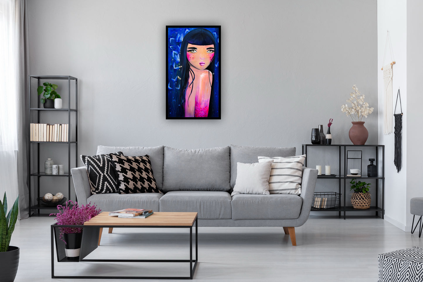 Arta moderna Aija printre fluturi, print decorativ pe hartie premium pentru living si dormitor.