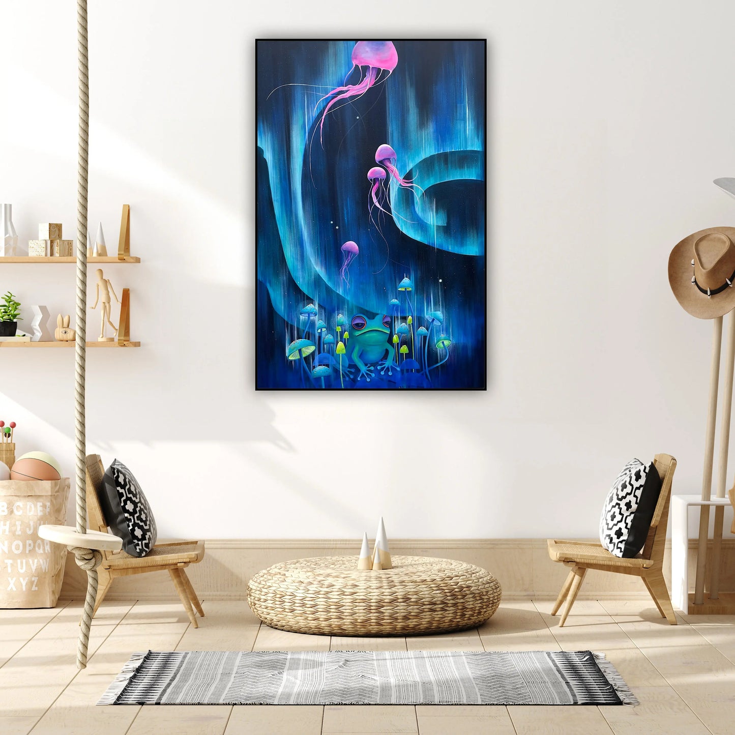 Aurora din adancuri – tablou original pictat manual pe panza, arta abstracta contemporana cu nuante albastre si violet.