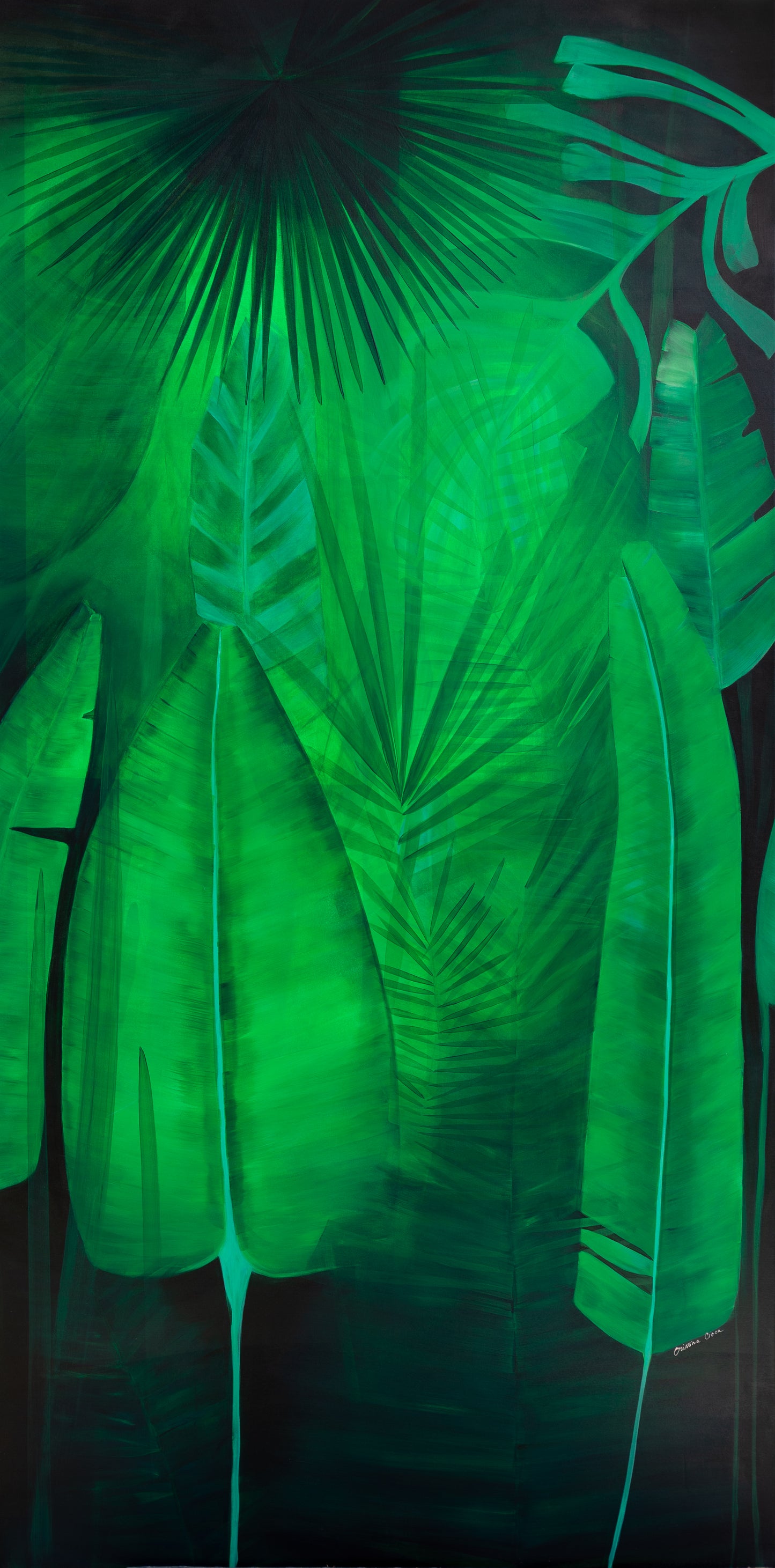 Frunze tropicale – pictura originala pe panza, tablou exotic de mari dimensiuni 100x200 cm.