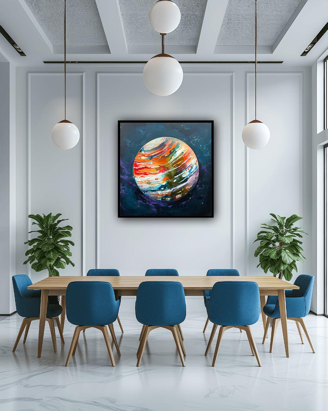Jupiter reinterpretat – lucrare originala pe panza, pictura cosmica abstracta perfecta pentru decoruri moderne.