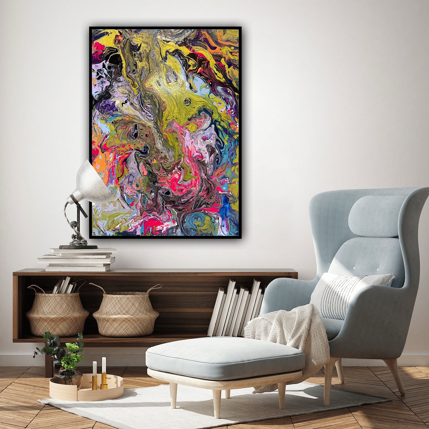 Artă abstractă Metamorfoza cromatică, pictură pe șasiu 3D cu detalii coloristice vibrante și texturi acrilice.