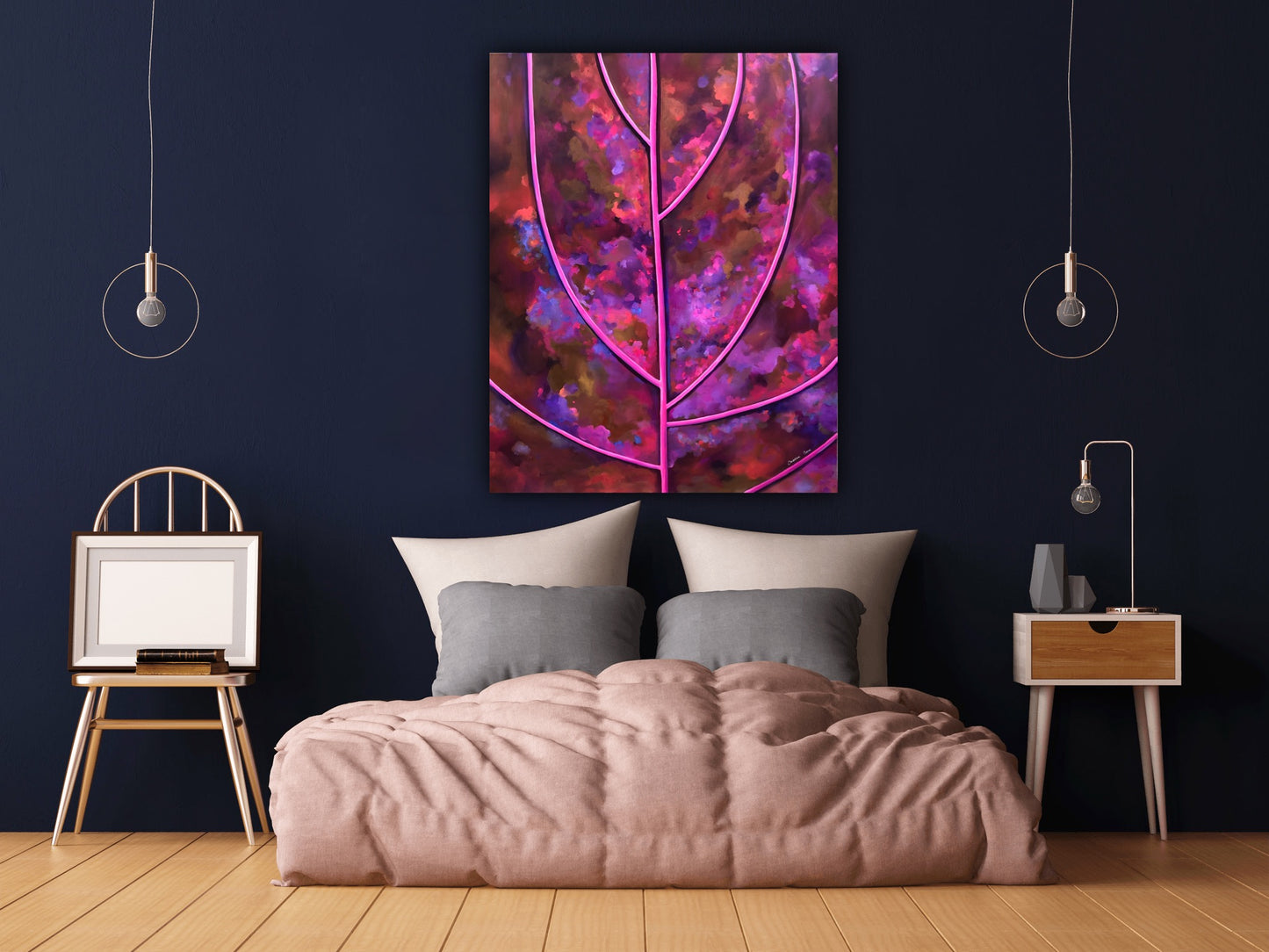 Pictura Toamna roz purpurie – lucrare originala pe panza cu tonuri intense de roz si purpuriu.