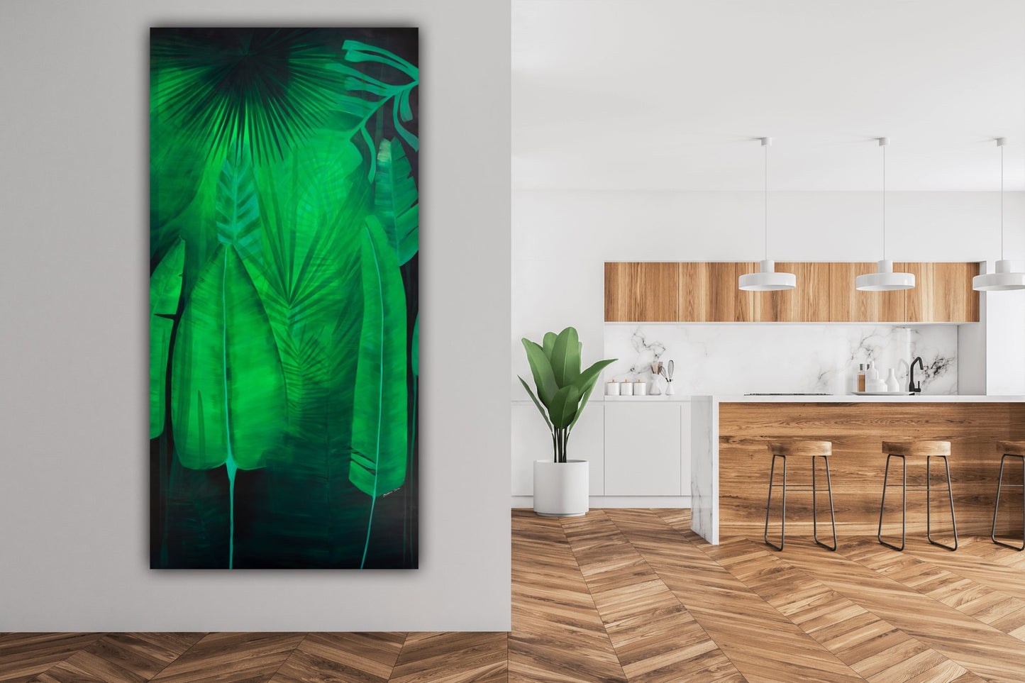 Pictura originala Frunze tropicale – lucrare pe panza de 100x200 cm, design exotic si vibrant.