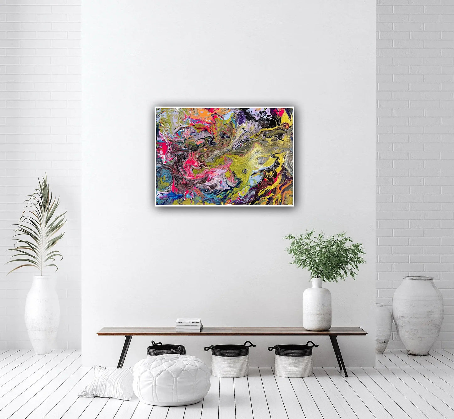 Artă contemporană Metamorfoza cromatică, tablou abstract cu culori intense pe șasiu 3D de 3 cm.