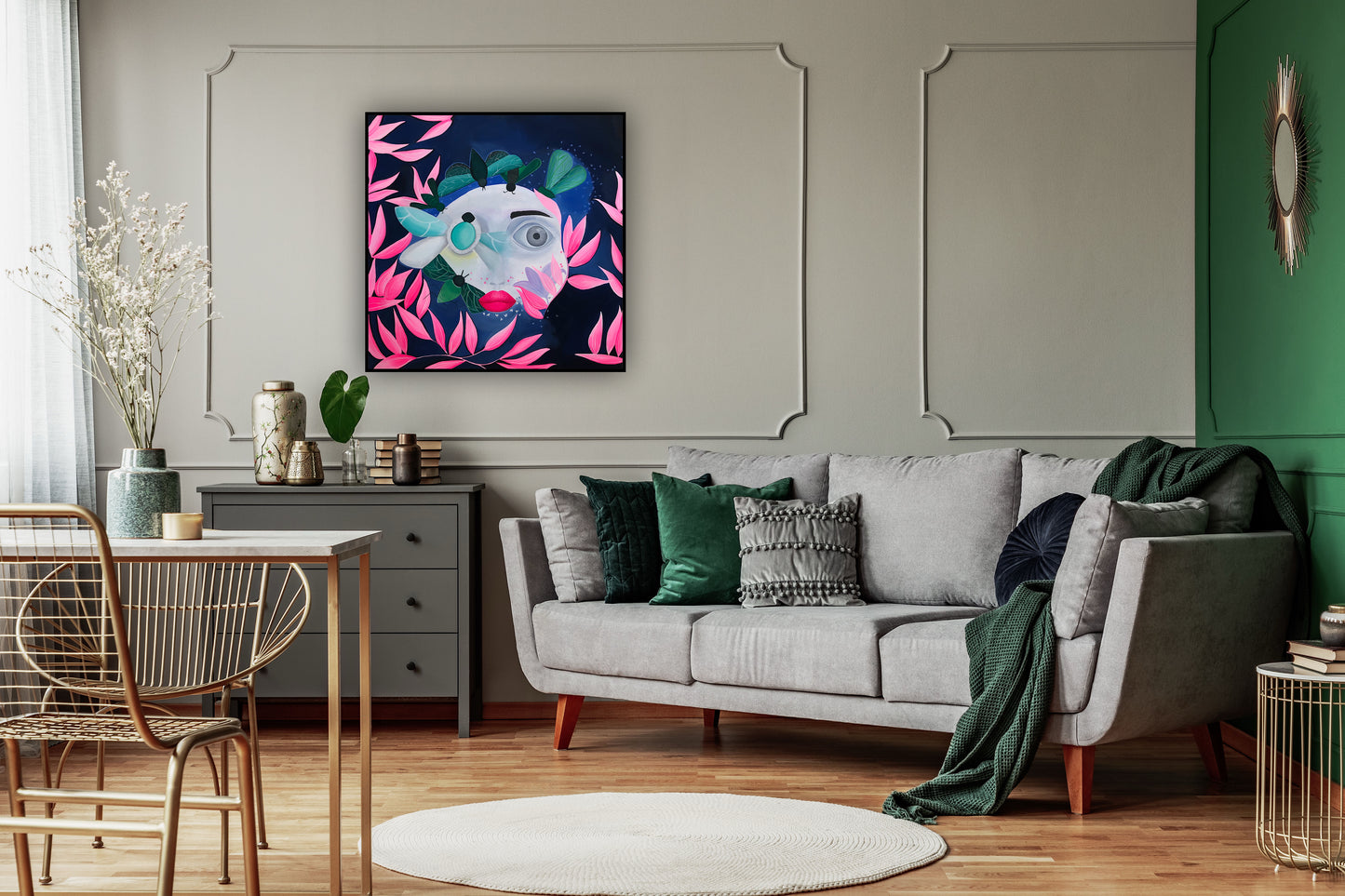 Lucrare artistica Fata cu insecte – print premium pe hartie, ideal pentru interioare rafinate.