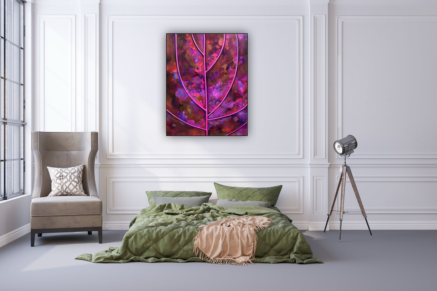 Toamna roz purpurie – pictura originala pe panza 120x150 cm, tablou abstract modern cu nuante vibrante.
