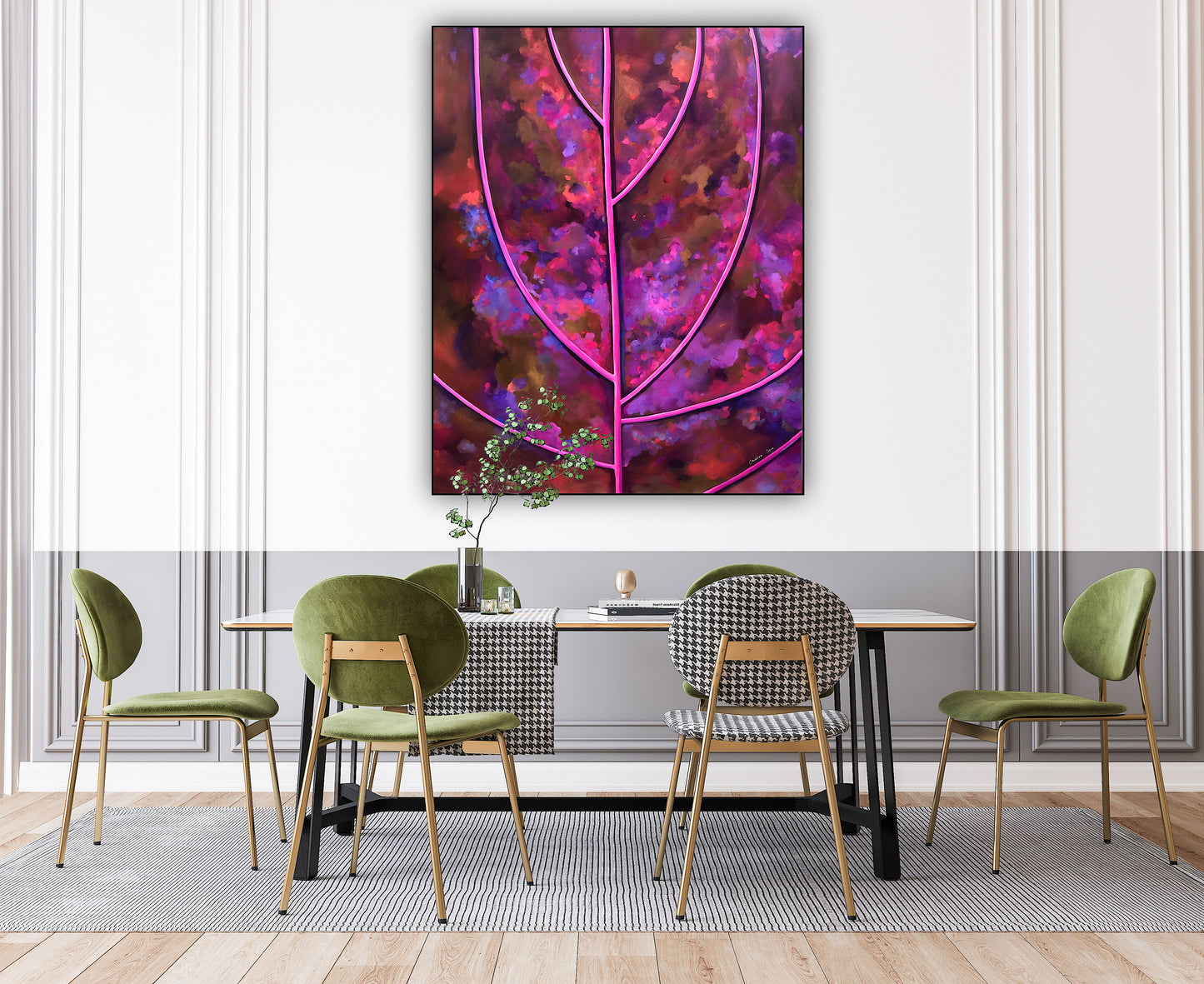 Pictura originala Toamna roz purpurie – tablou abstract pe panza 120x150 cm pentru interioare elegante