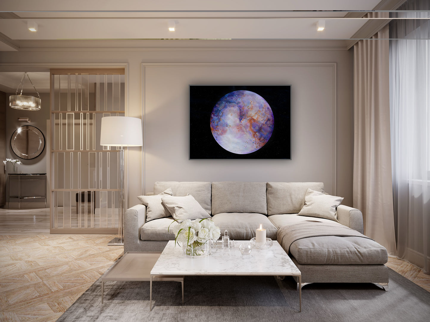 Tablou abstract cu texturi fluide și accente de portocaliu pe fundal spațial.