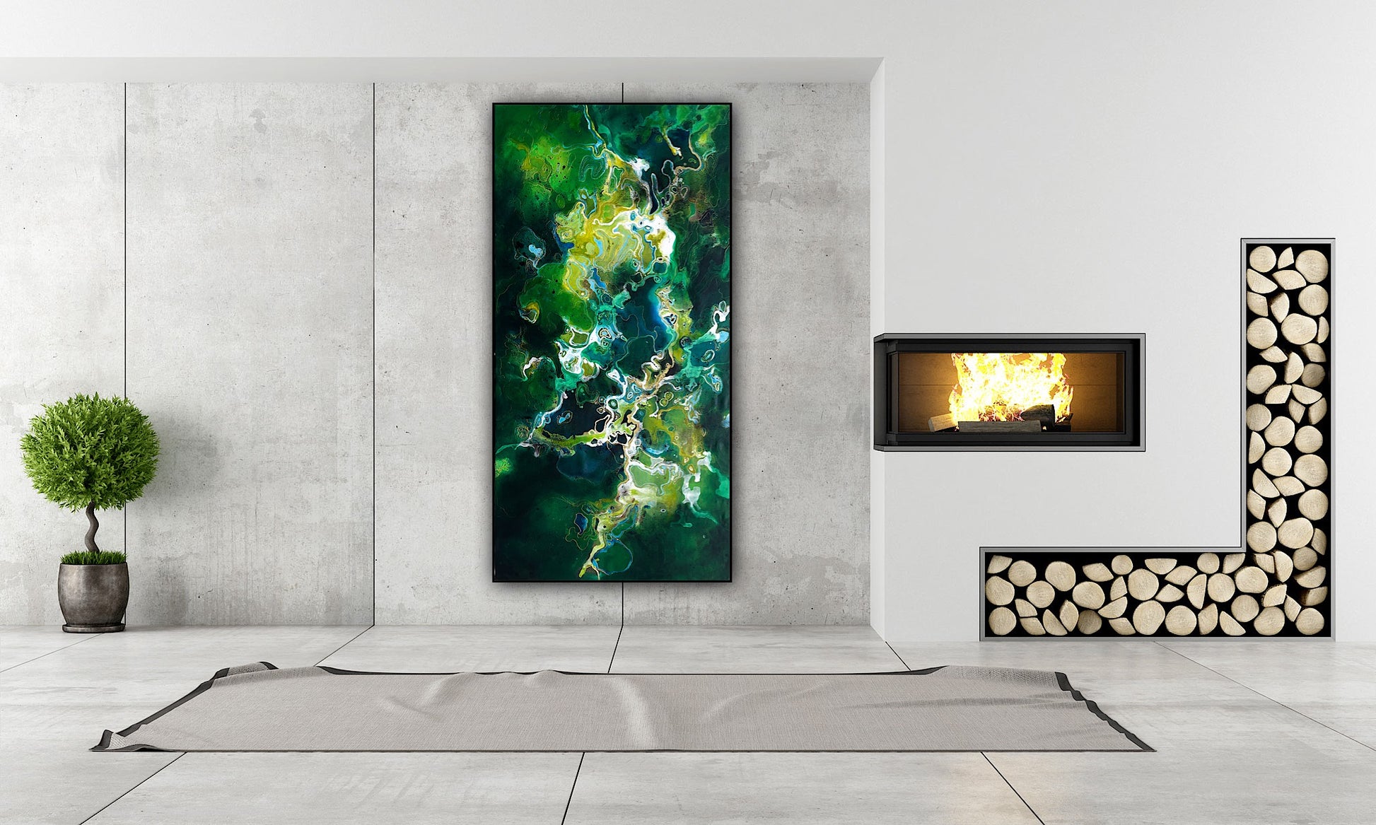 Arta abstracta Drumuri de smarald – pictura originala pe panza, lucrare unica inspirata din natura.
