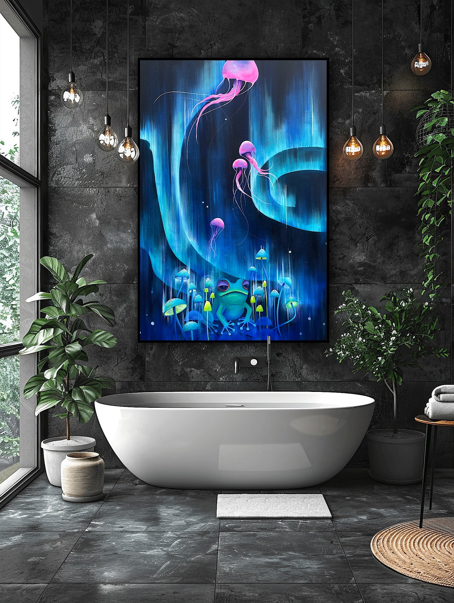Tablou unicat Aurora din adâncuri, pictură pe pânză în stil contemporan, culori intense și accente fluorescente, perfect pentru spații de meditație, baie sau living modern.