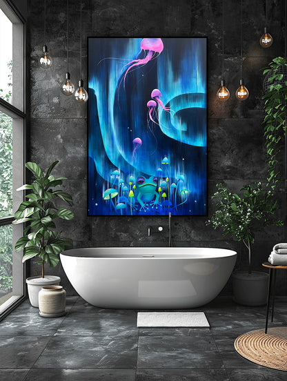 Tablou unicat Aurora din adâncuri, pictură pe pânză în stil contemporan, culori intense și accente fluorescente, perfect pentru spații de meditație, baie sau living modern.
