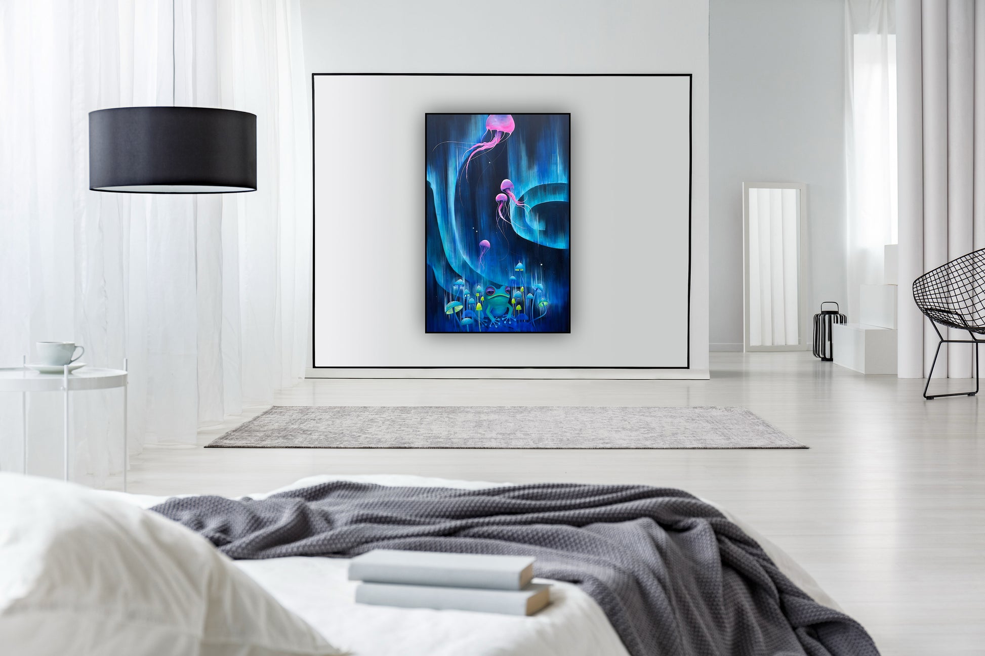 Lucrare artistica Aurora din adancuri, tablou original realizat manual, culori vibrante de albastru, mov si verde.