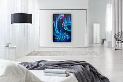 Lucrare artistica Aurora din adancuri, tablou original realizat manual, culori vibrante de albastru, mov si verde.