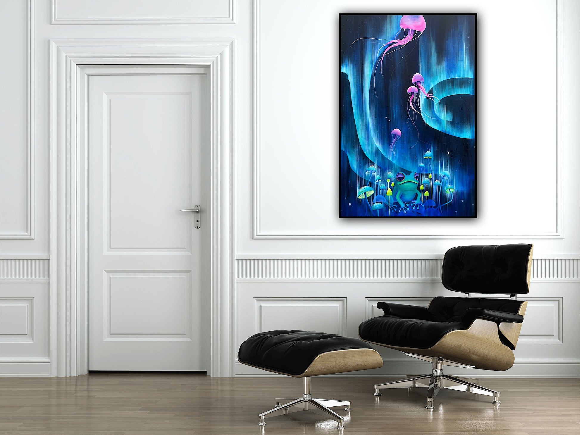Lucrare de artă contemporană Aurora din adâncuri, tablou pictat pe pânză, scenă fantastică abstractă cu vibrații magice și culori vibrante, potrivită pentru birouri creative și camere moderne.