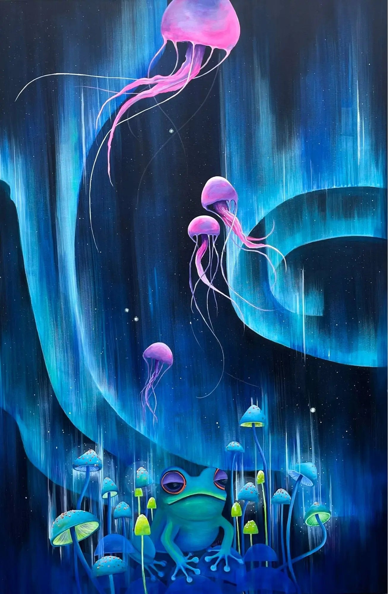 Aurora din adâncuri – tablou original pictat manual pe pânză, artă contemporană abstractă cu nuanțe de albastru, violet, roz și verde, ideal pentru decor modern de living sau birou.