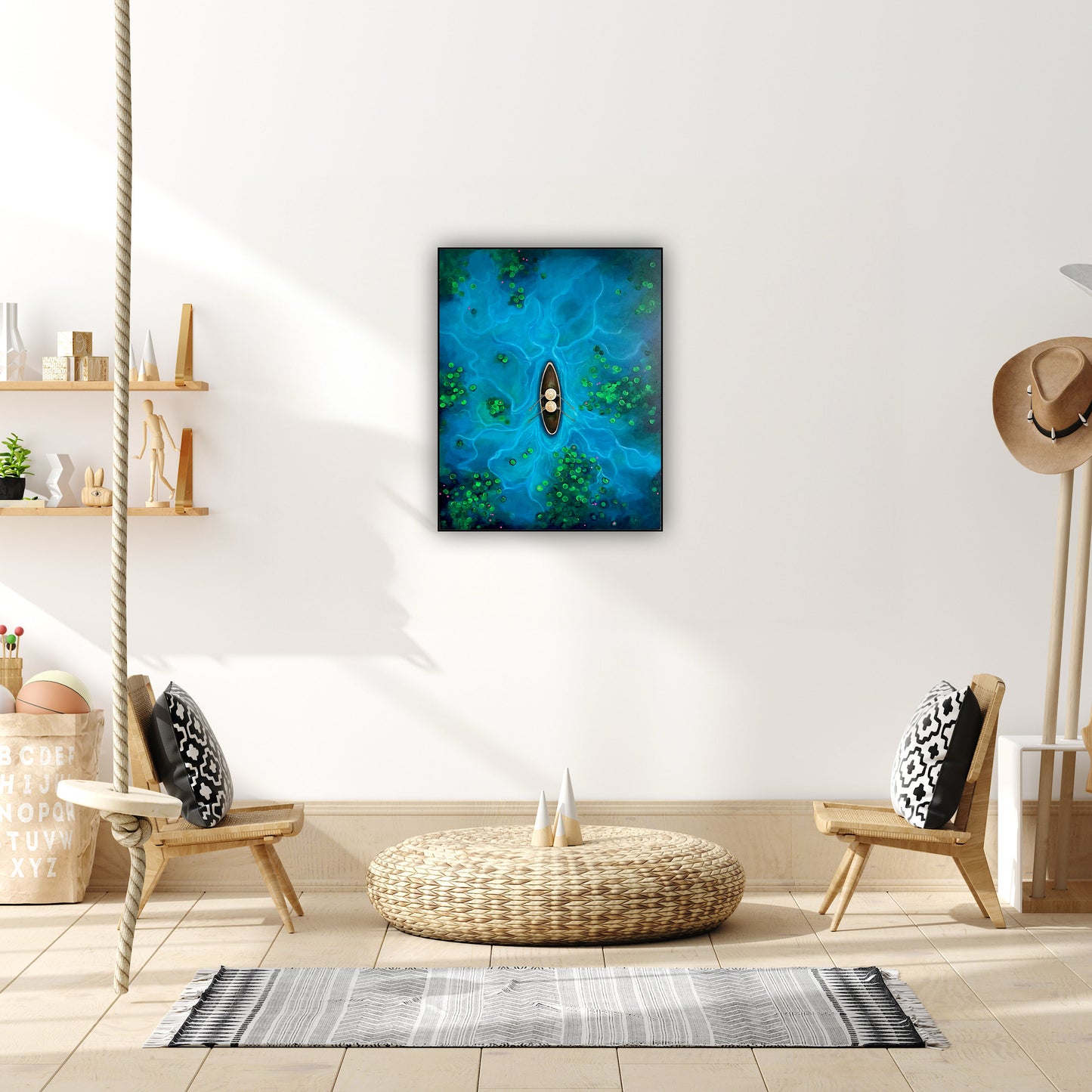 Artă contemporană pictată manual, barcă cu doi oameni pe un lac liniștit.