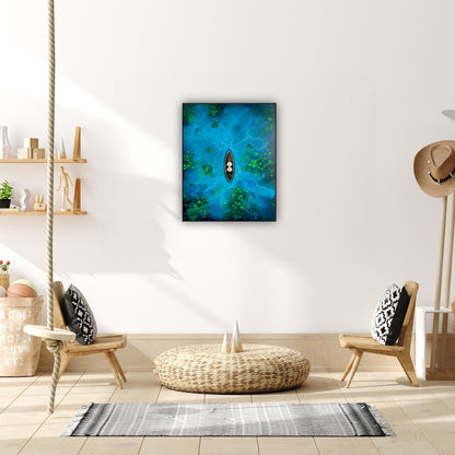 Artă contemporană pictată manual, barcă cu doi oameni pe un lac liniștit.