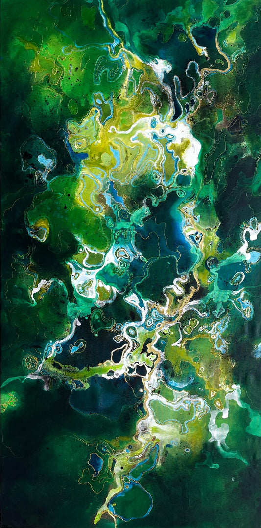 Drumuri de smarald – lucrare originala pe panza, pictura abstracta vibranta ideala pentru decoruri moderne.