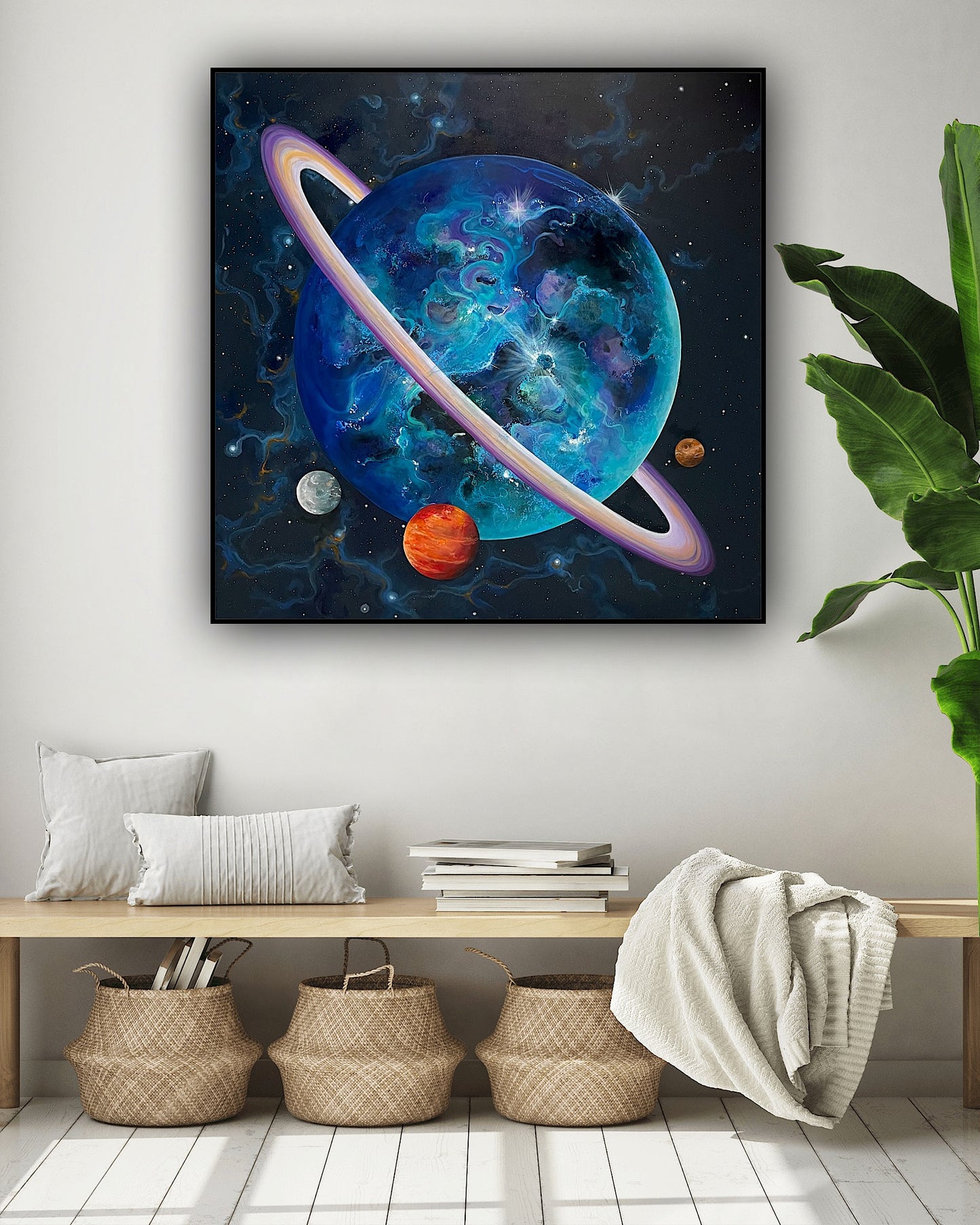 Pictură unicat cu tematică spațială, planetă albastră cu inel luminos și corpuri cerești în fundal.