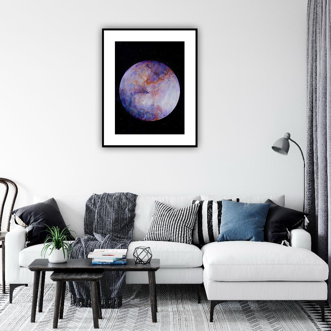 Print premium de artă abstractă, inspirat din cosmos, în nuanțe violet, albastru și cupru