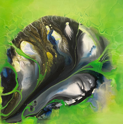 Tablou original Forma unui gând, pictat manual pe pânză, artă contemporană abstractă în nuanțe de verde, negru și accente aurii.