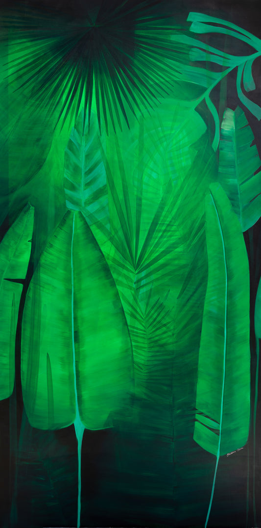Frunze tropicale – pictura originala pe panza, tablou exotic de mari dimensiuni 100x200 cm.