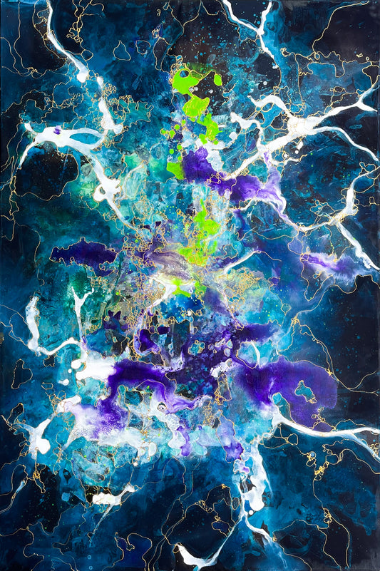 Geneza – pictura originala pe panza, tablou abstract cosmic ce surprinde clipa creatiei.