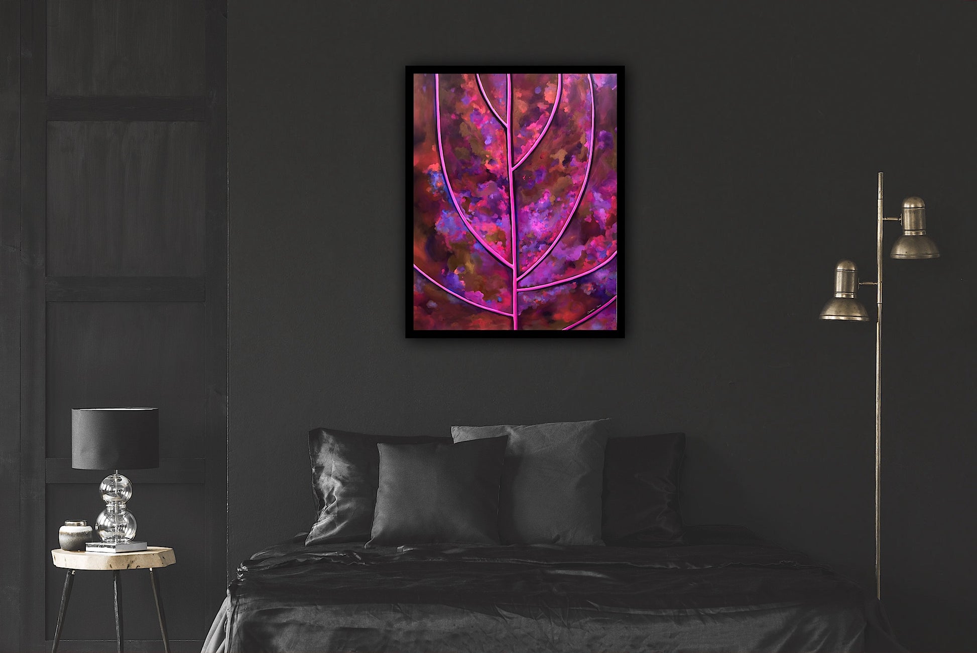 Tablou abstract cu forme organice și simbolice, inspirat de frunză și viață.