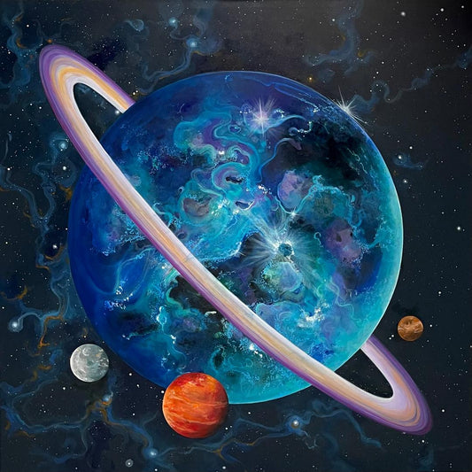 Print premium În spațiu, artă contemporană cosmică inspirată din tablou original pictat manual pe pânză.