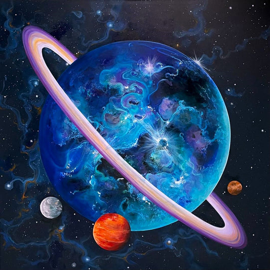 Tablou original În spațiu, pictat manual pe pânză, artă contemporană cosmică cu planete și inele, în nuanțe de albastru și violet.