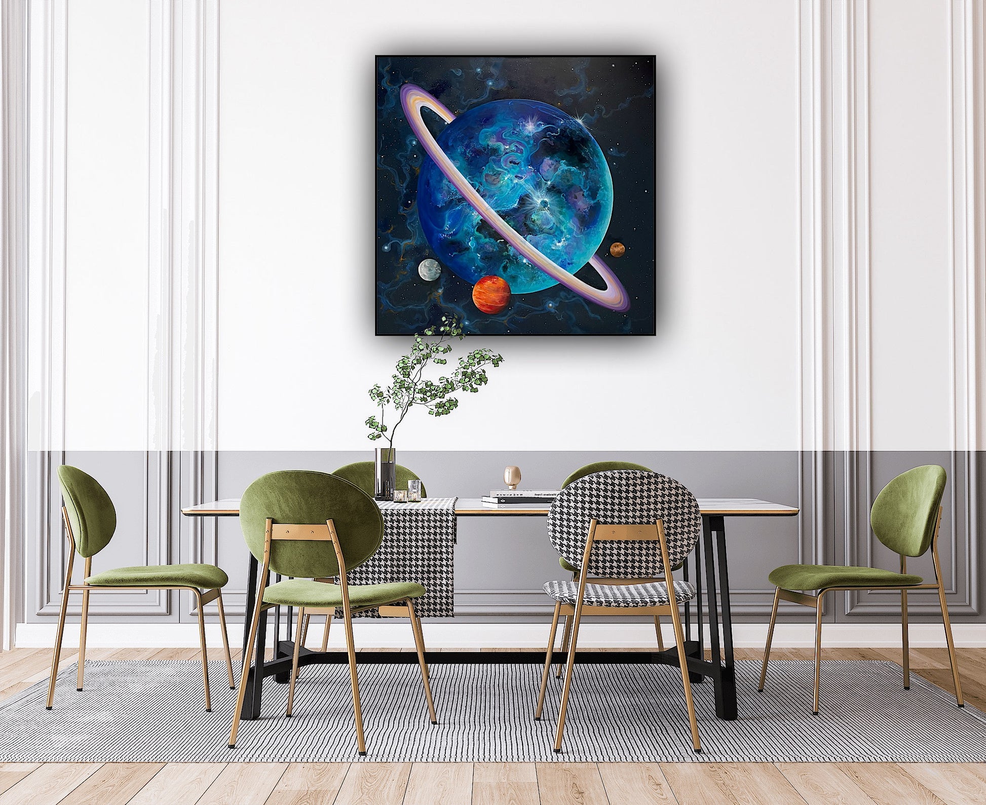 Tablou decorativ În spațiu, lucrare pictată manual ce redă un univers plin de planete și detalii stelare.