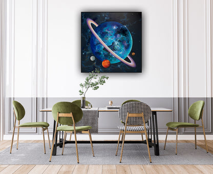 Tablou decorativ În spațiu, lucrare pictată manual ce redă un univers plin de planete și detalii stelare.
