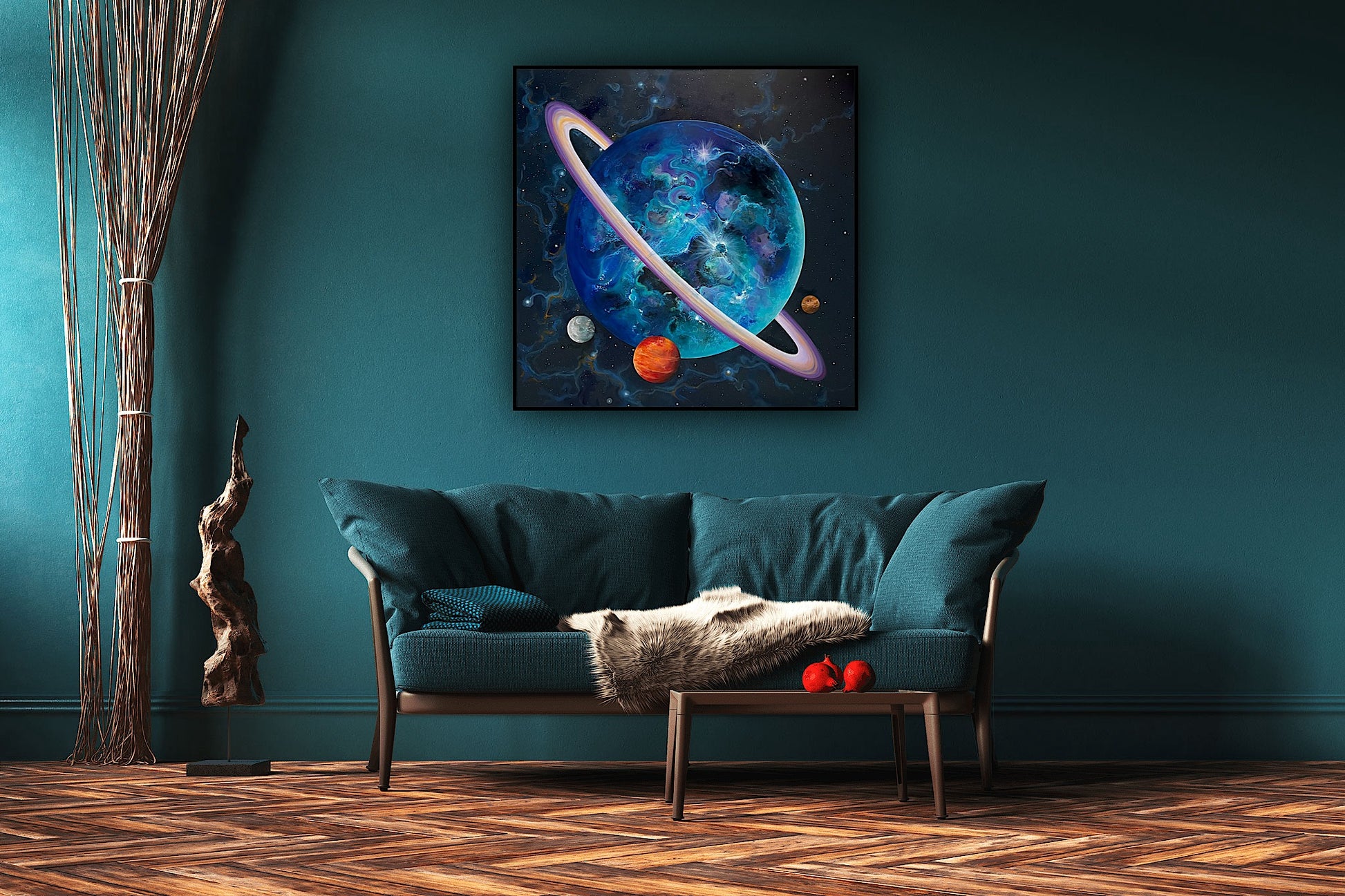 Pictură cosmică În spațiu, tablou original pe pânză, artă abstractă cu detalii stelare și planete.