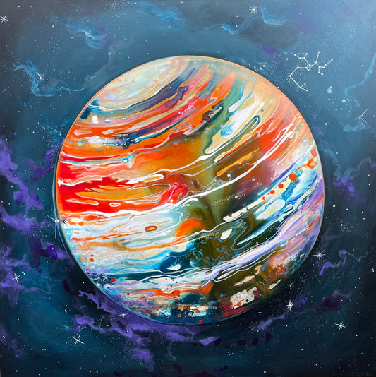 Jupiter reinterpretat – pictura originala pe panza, tablou cosmic modern cu culori vibrante si energie abstracta.