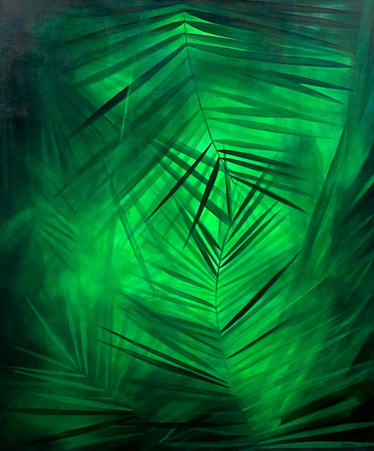 Liniște tropicală – print premium pe hârtie, artă contemporană inspirată din frunziș tropical verde intens.
