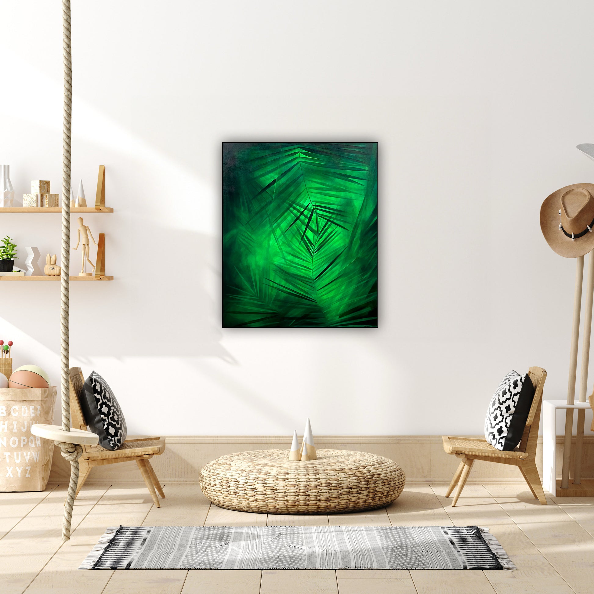 Liniste tropicala – tablou artistic pe panza, pictura handmade cu frunze verzi luxuriante.
