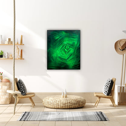 Liniste tropicala – tablou artistic pe panza, pictura handmade cu frunze verzi luxuriante.