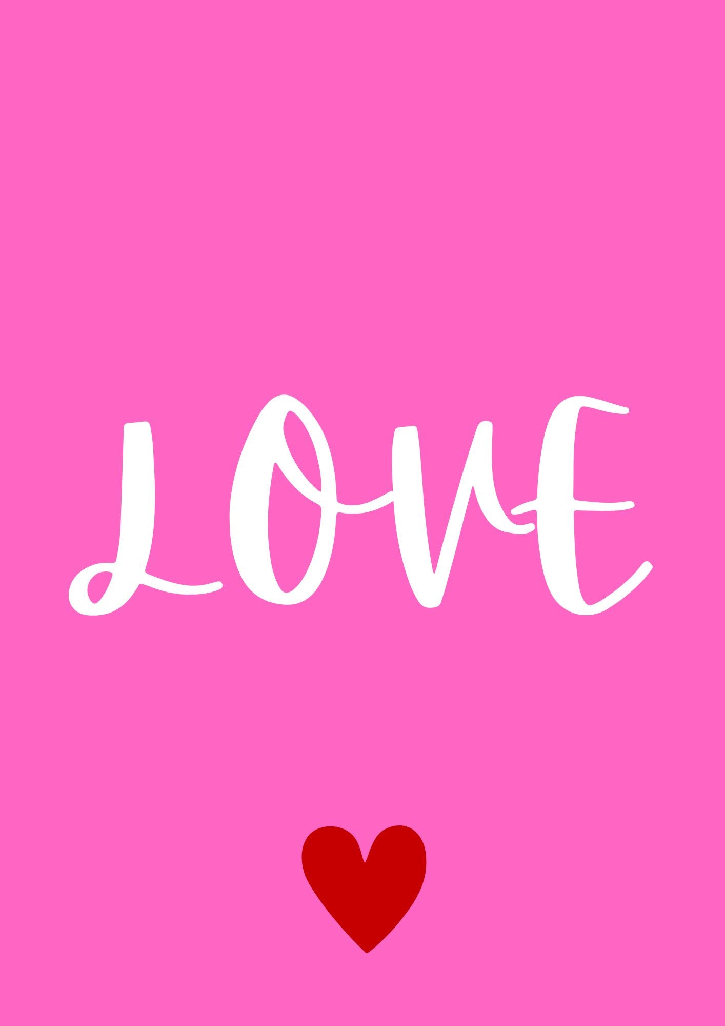 Love – print decorativ modern cu fundal roz, mesaj minimalist si inima rosie.