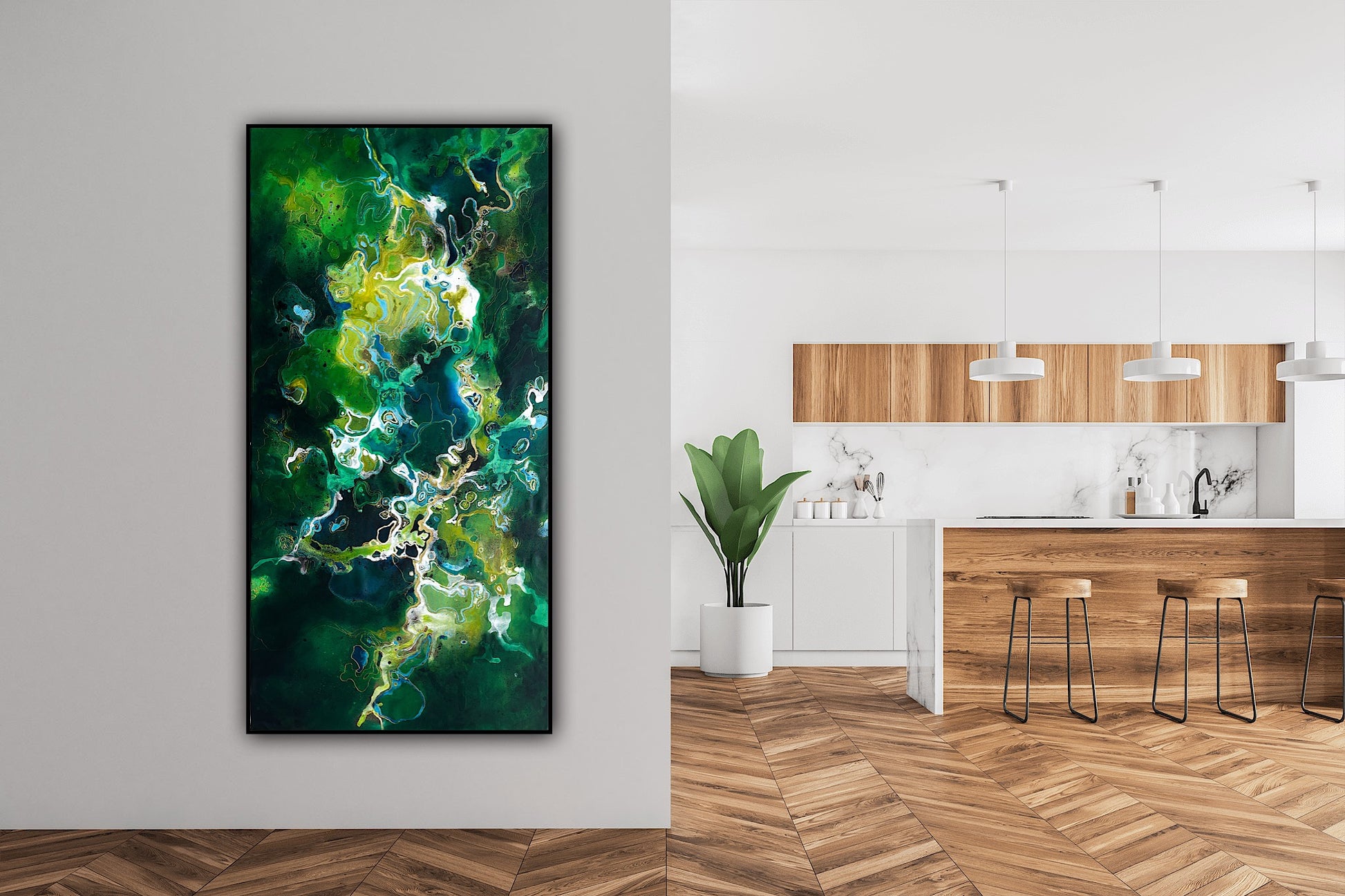 Pictura moderna Drumuri de smarald – tablou abstract pe panza cu tonuri de verde, albastru si auriu.
