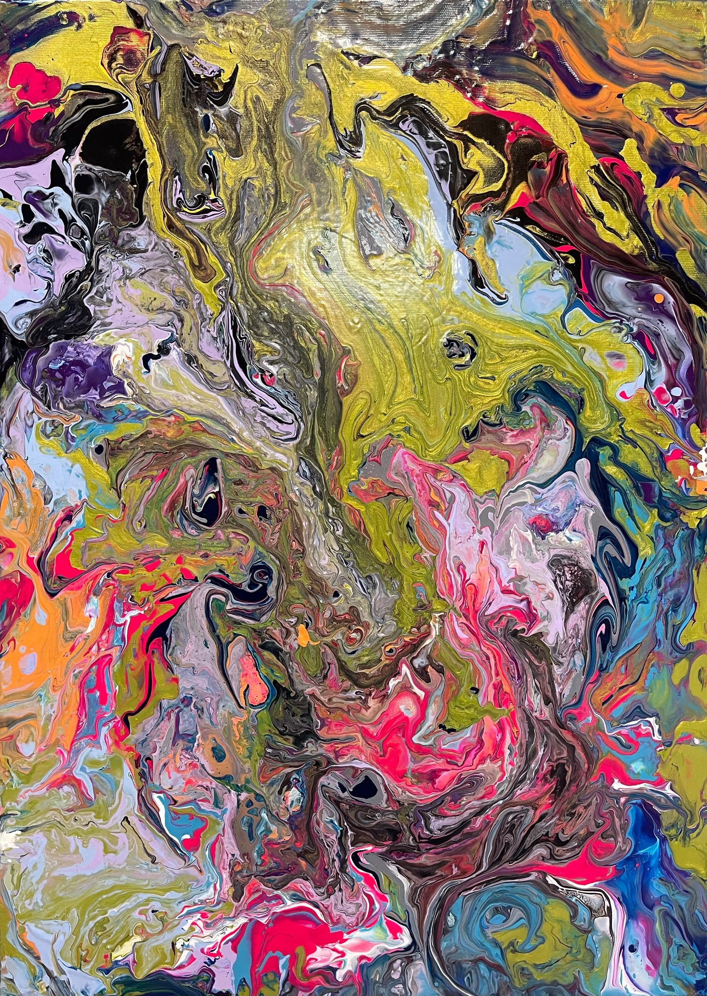 Tablou original Metamorfoza cromatică, pictat manual cu acrilice și pouring medium pe șasiu 3D, artă abstractă pentru decor modern.