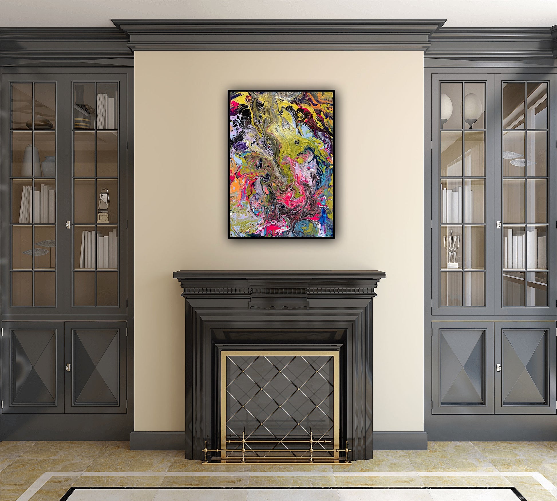 Tablou abstract Metamorfoza cromatică, realizat manual cu acrilice și pouring medium, decor artistic premium.