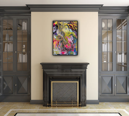 Tablou abstract Metamorfoza cromatică, realizat manual cu acrilice și pouring medium, decor artistic premium.