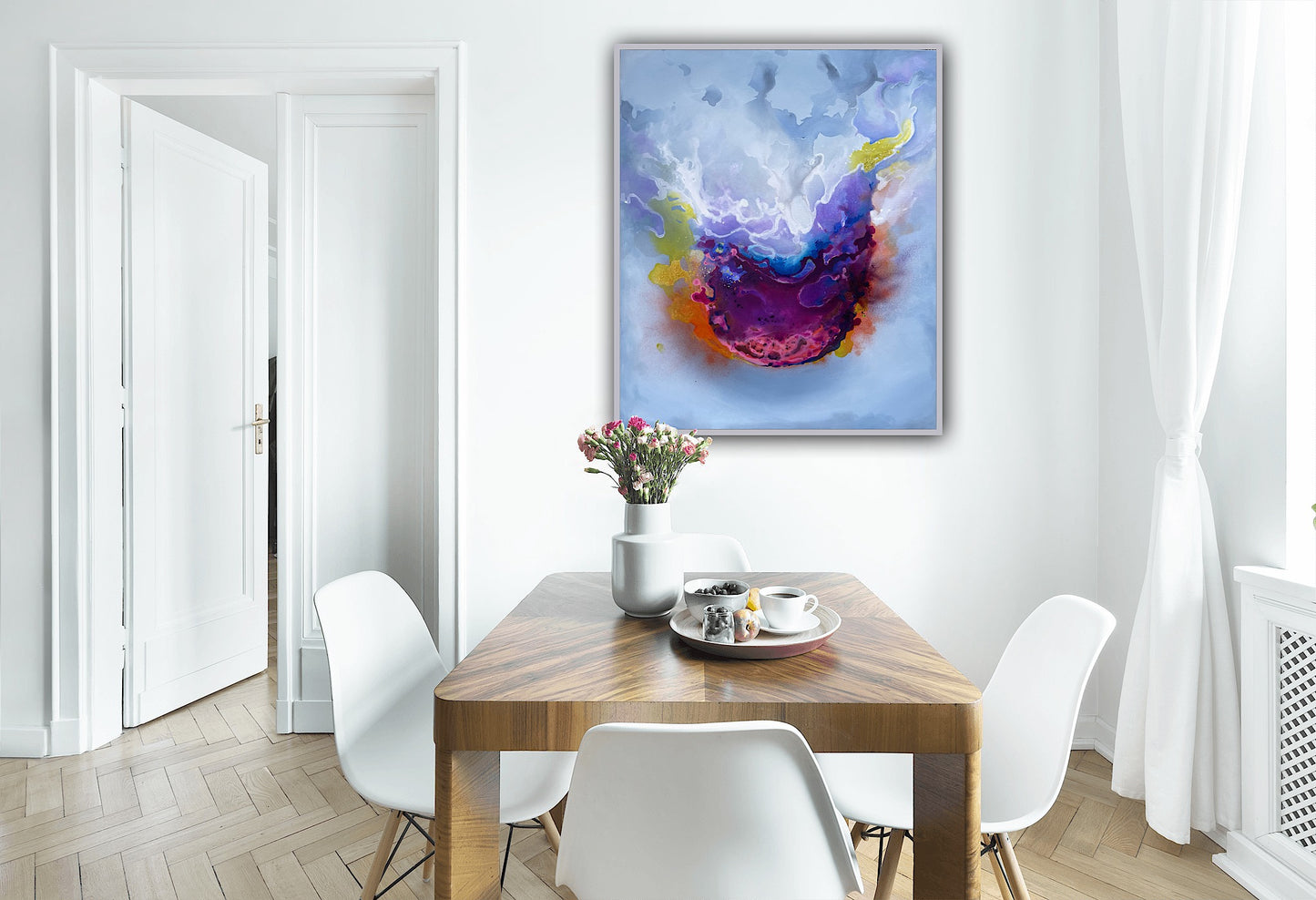 Pictura La rasarit – lucrare abstracta pe panza, arta moderna cu nuante calde si intense.
