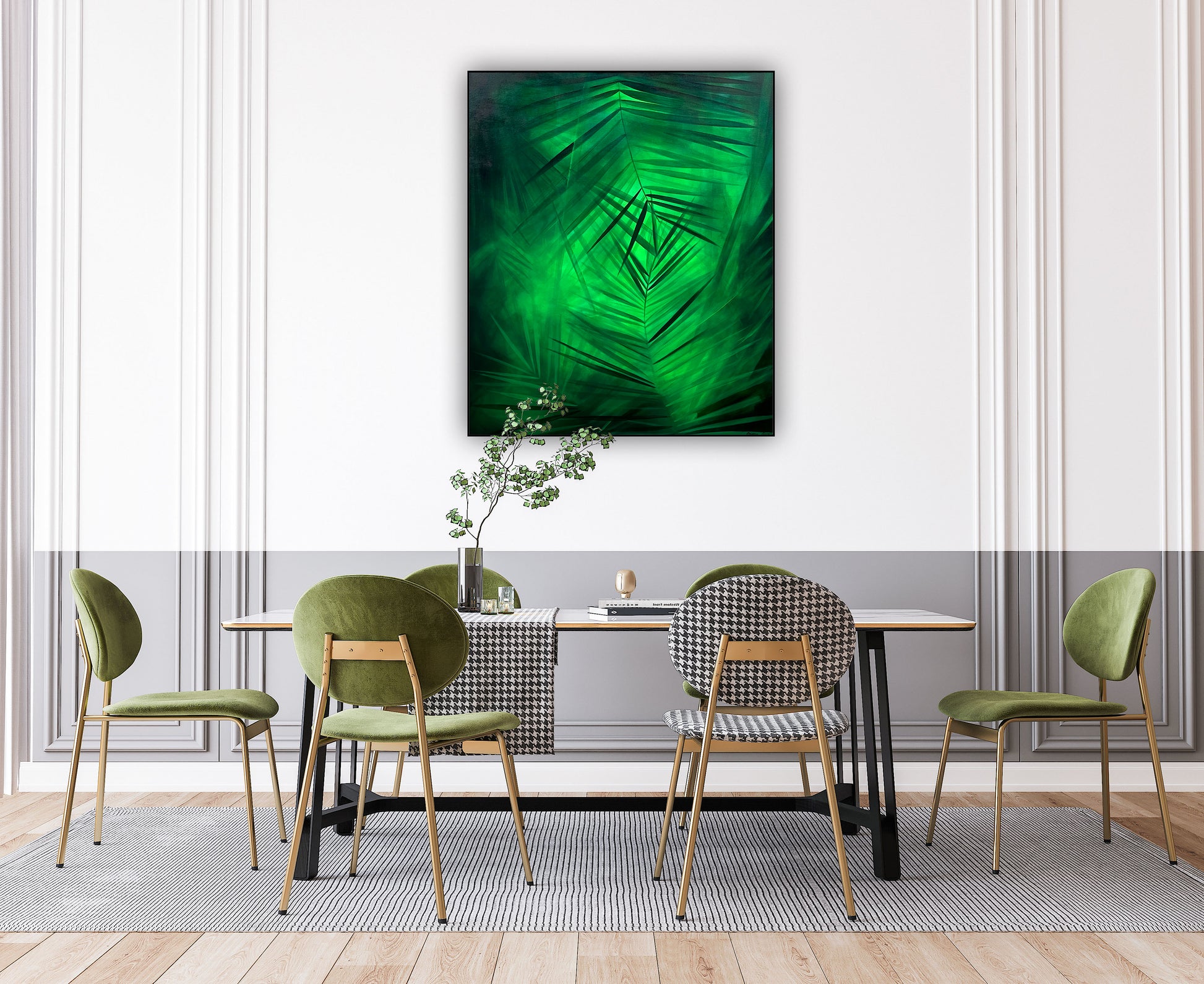 Pictura Liniste tropicala – lucrare originala pe panza cu inspiratie tropicala si detalii abstracte.