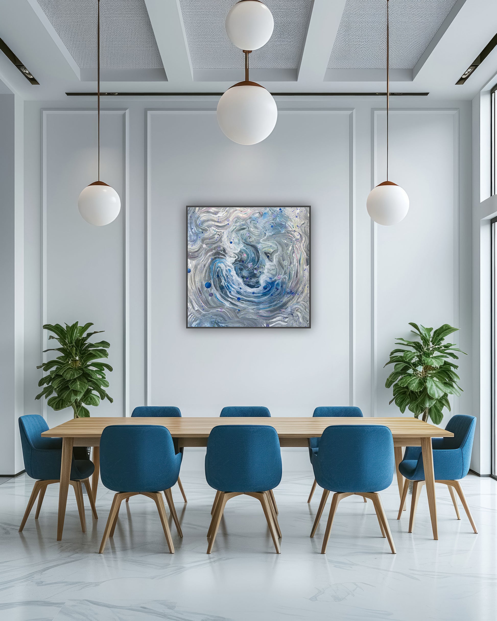 Tablou abstract decorativ în stil cosmic, realizat pe pânză prin pouring medium.