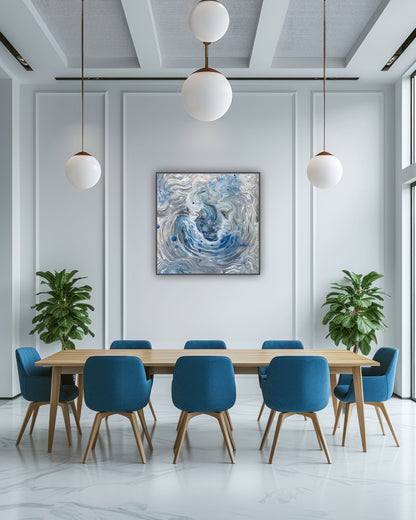 Tablou abstract decorativ în stil cosmic, realizat pe pânză prin pouring medium.