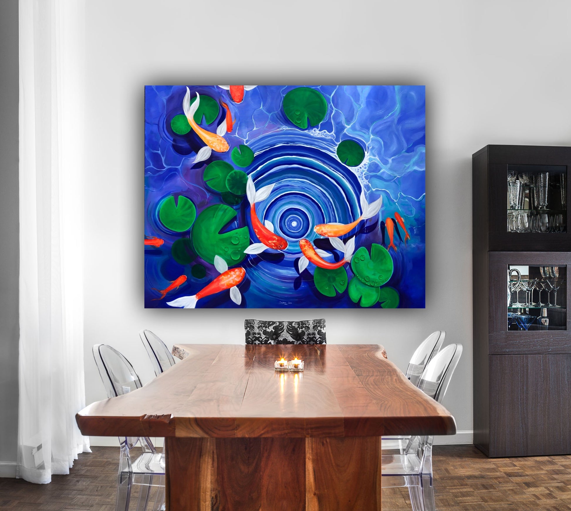 Pictura Cativa pesti – lucrare originala pe panza 120x150 cm, perfecta pentru decor contemporan.
