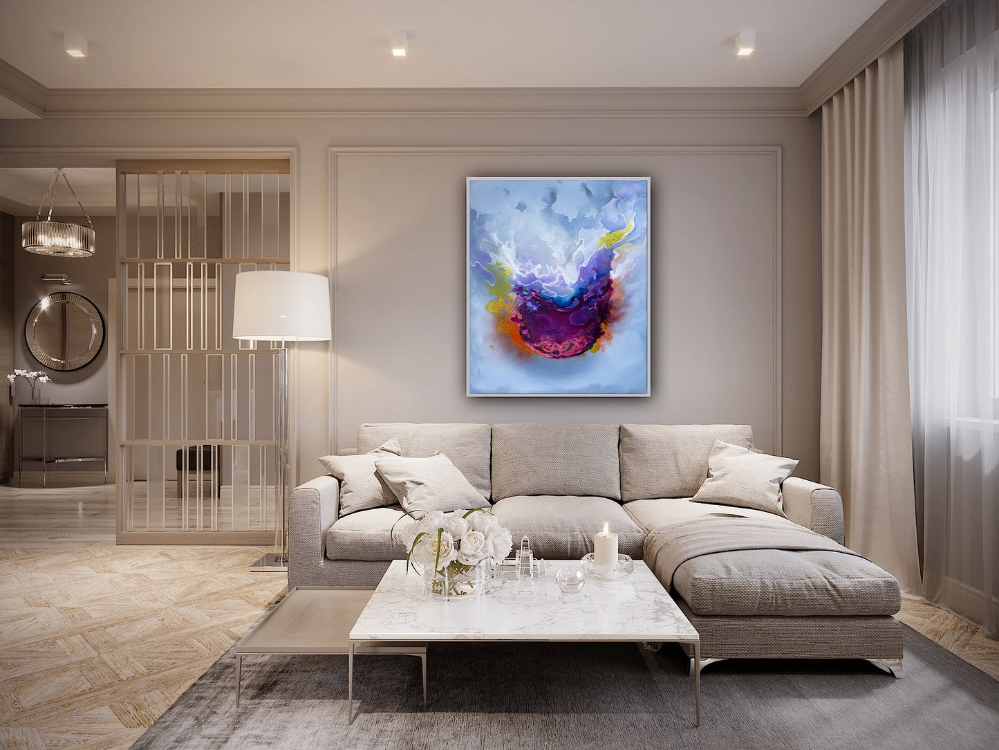 Pictura originala La rasarit – arta abstracta pe panza cu energie vibranta si luminoasa.